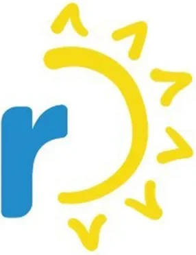 Rudy A Menon Foundation logo, a blue letter r inside a yellow sun
