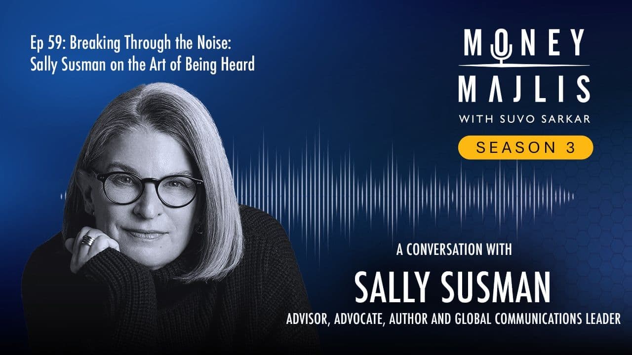 Ep 59: The Art of Being Heard - Season 3 cover art, a black and white photograph of Sally Susman