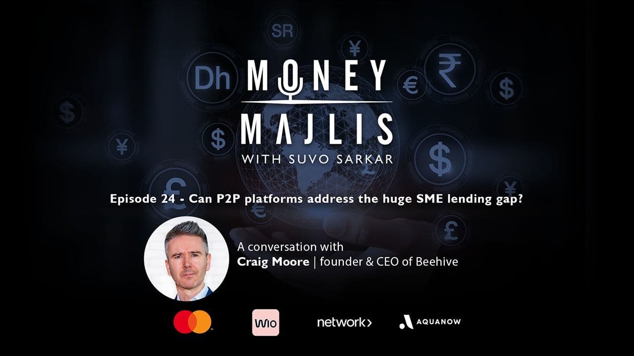 Ep 24: P2P Lending and the SME Funding Gap - cover art with a portrait of Craig Moore of Beehive beneath the Money Majlis logo