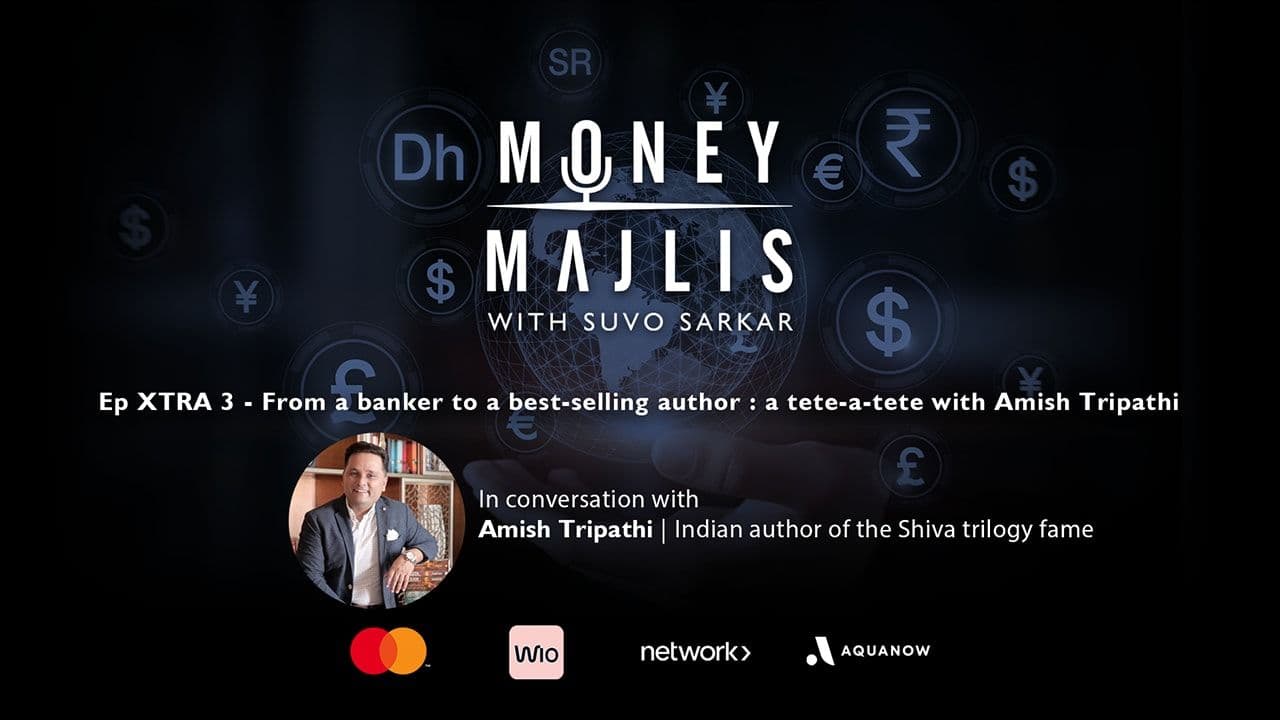 XTRA 3: From Banker to Bestselling Author - cover art with a portrait of Amish Tripathi beneath the Money Majlis logo