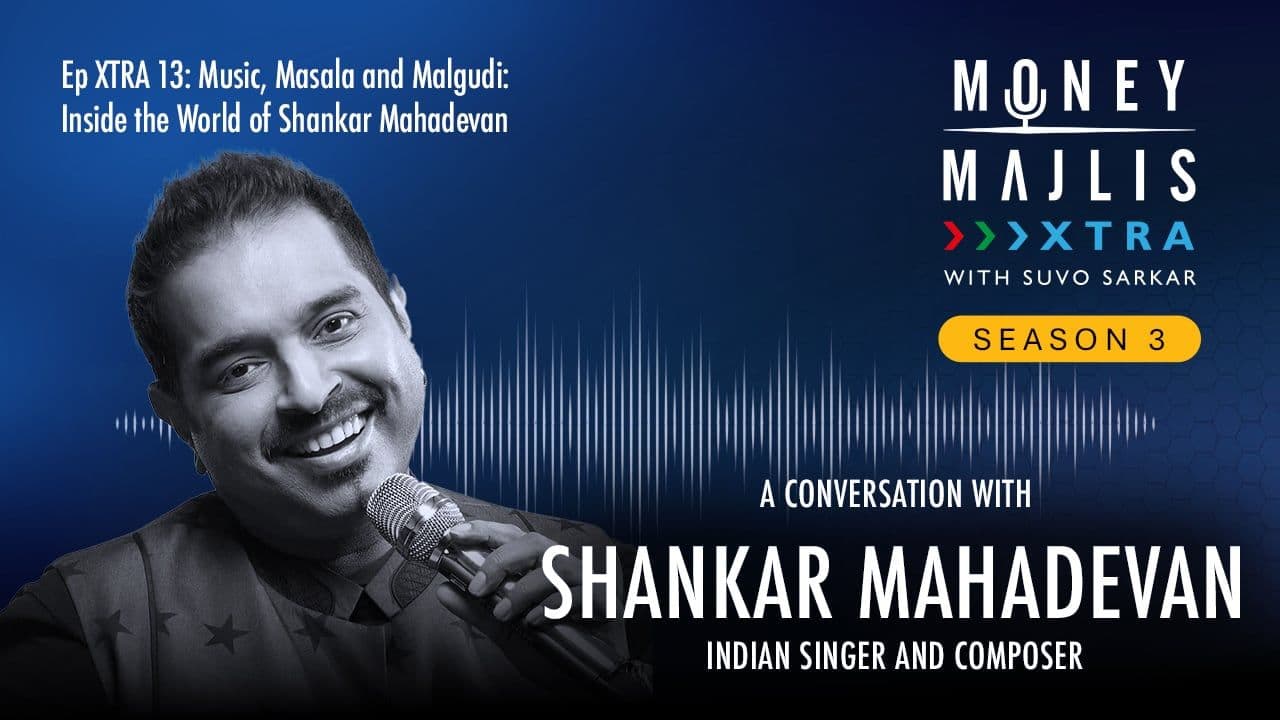 XTRA 13: Music, Masala and Malgudi - Season 3 cover art, a black and white photograph of Shankar Mahadevan