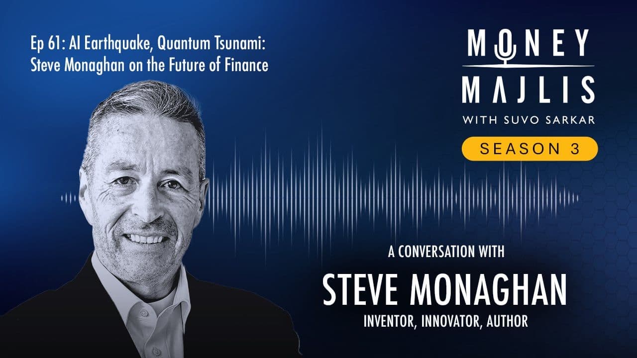 Ep 61: AI, Quantum and the Future of Finance - Season 3 cover art, a black and white photograph of Steve Monaghan