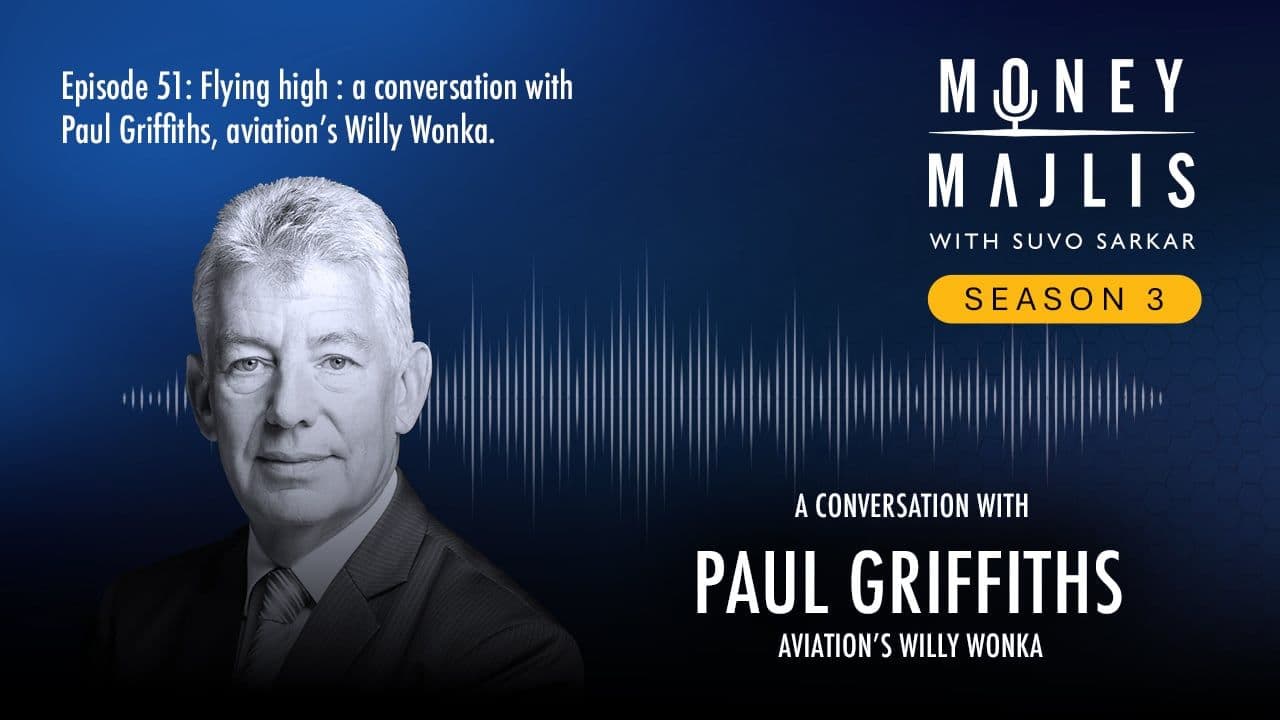 Ep 51: The Future of Aviation - Season 3 cover art, a black and white photograph of Paul Griffiths of Dubai Airports
