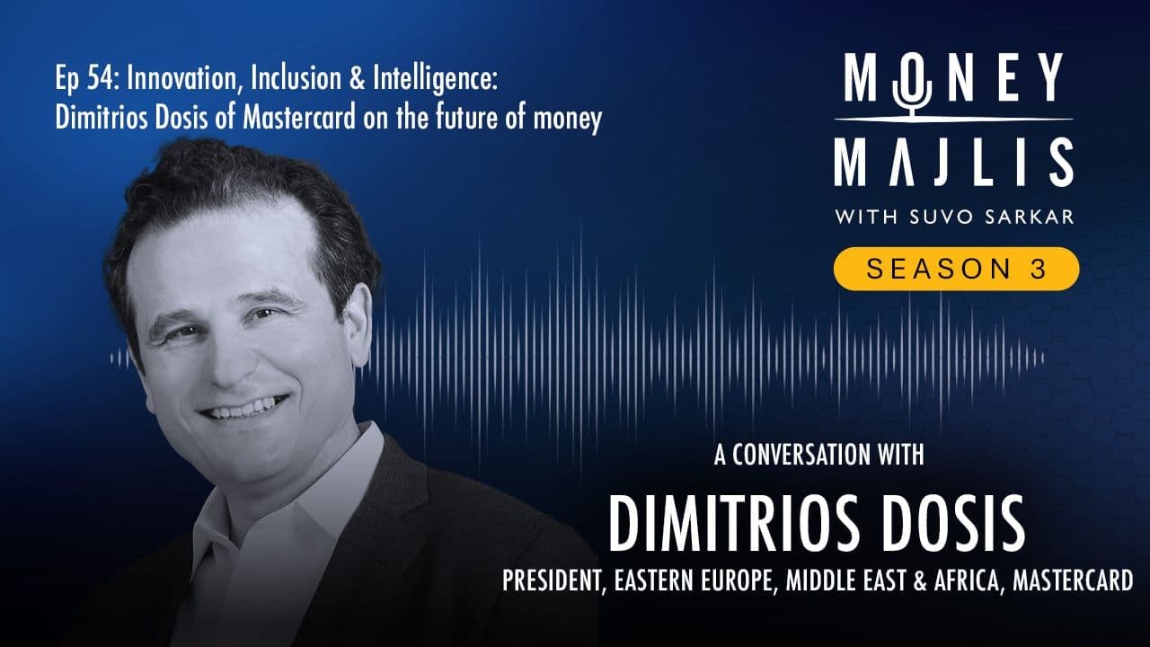 Ep 54: Innovation, Inclusion and the Future of Money - Season 3 cover art, a black and white photograph of Dimitrios Dosis of Mastercard