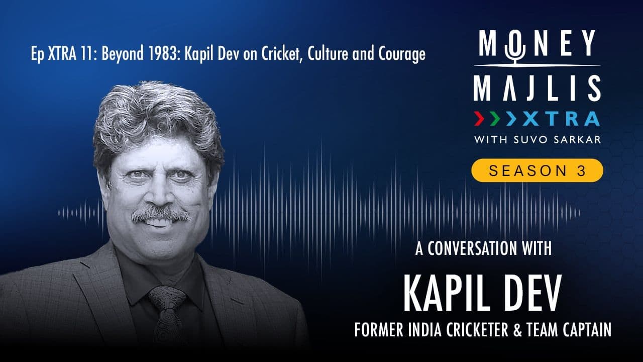 XTRA 11: Cricket, Culture and Courage - Season 3 cover art, a black and white photograph of Kapil Dev