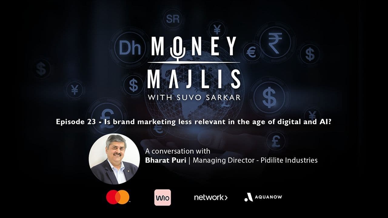 Ep 23: Brand Marketing in the Age of AI - cover art with a portrait of Bharat Puri beneath the Money Majlis logo
