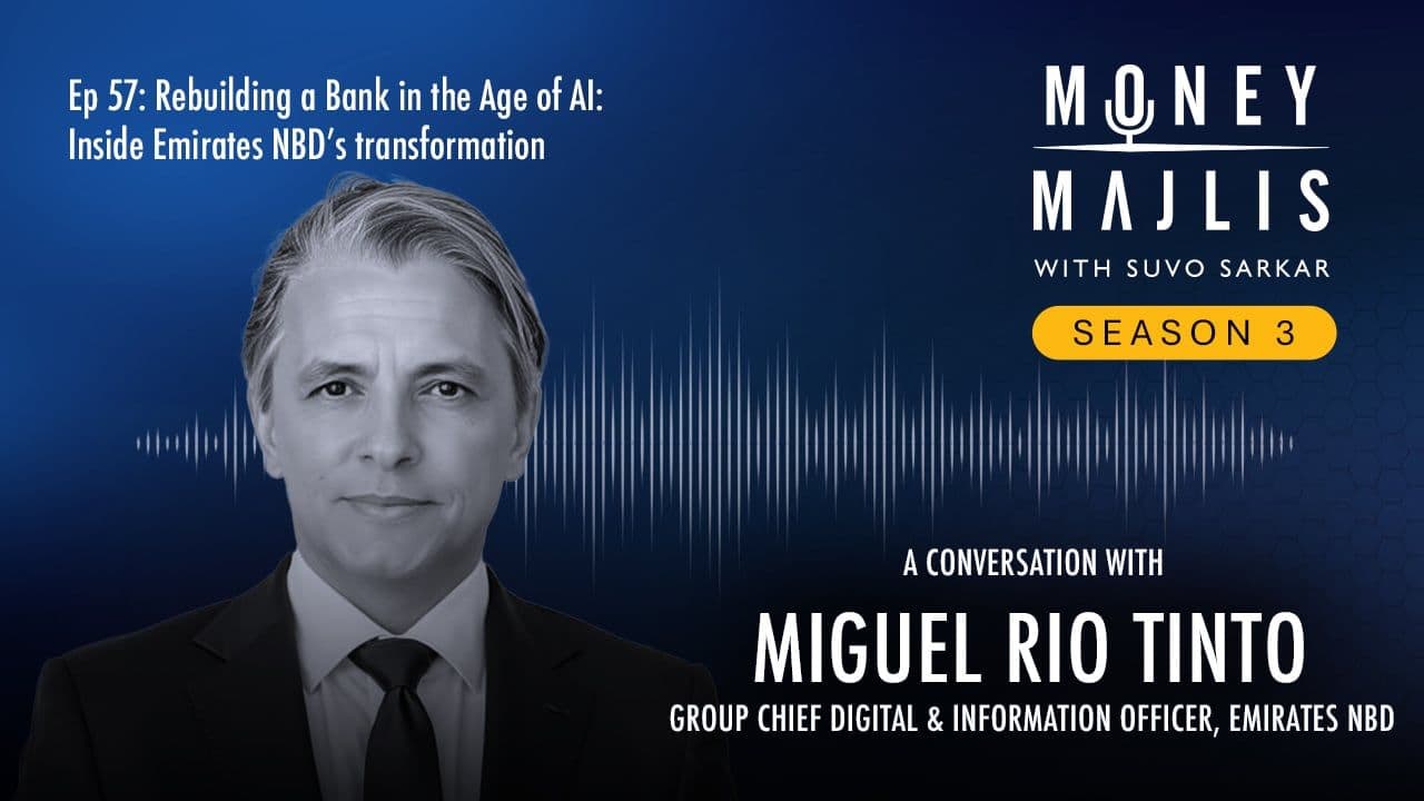 Ep 57: Rebuilding a Bank with AI - Season 3 cover art, a black and white photograph of Miguel Rio Tinto of Emirates NBD
