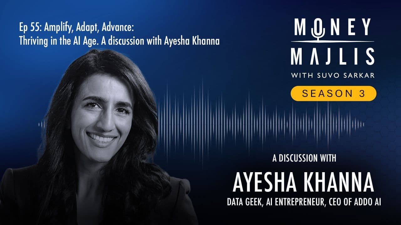 Ep 55: Thriving in the AI Age - Season 3 cover art, a black and white photograph of Dr Ayesha Khanna of Addo AI